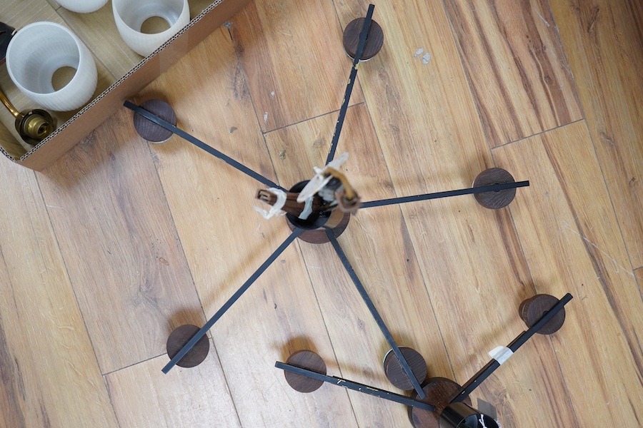 A pair of mid-century ceiling pendant chandeliers, one 5 light, the other 3 light, and a single matching wall light. All shades unbroken. Condition - fair/good, untested